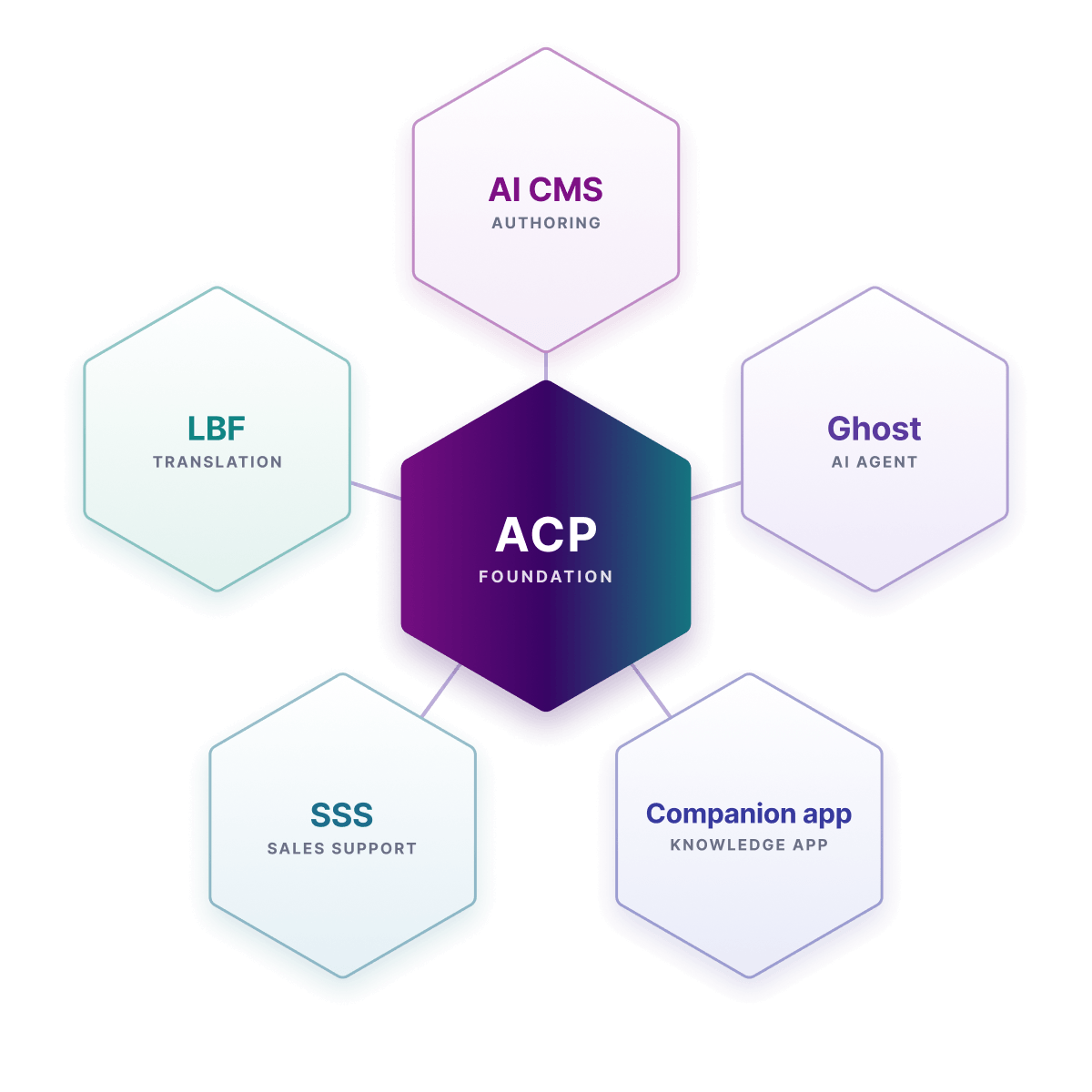 Manufacturing intelligence ecosystem — the ACP foundation connected to AI CMS, Ghost, Companion app, SSS, and LBF