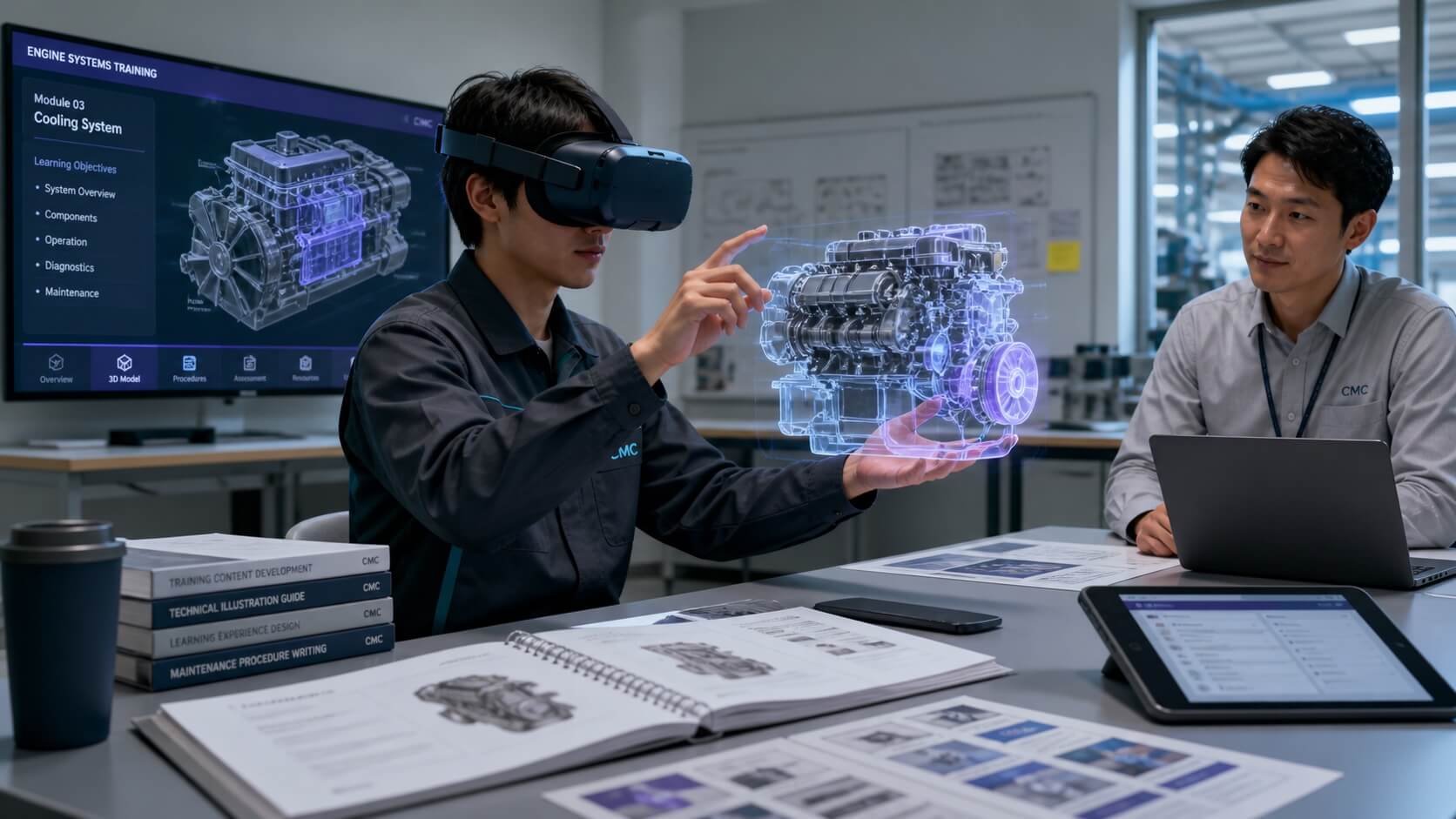 Trainee using a VR headset to explore an engine in a simulation