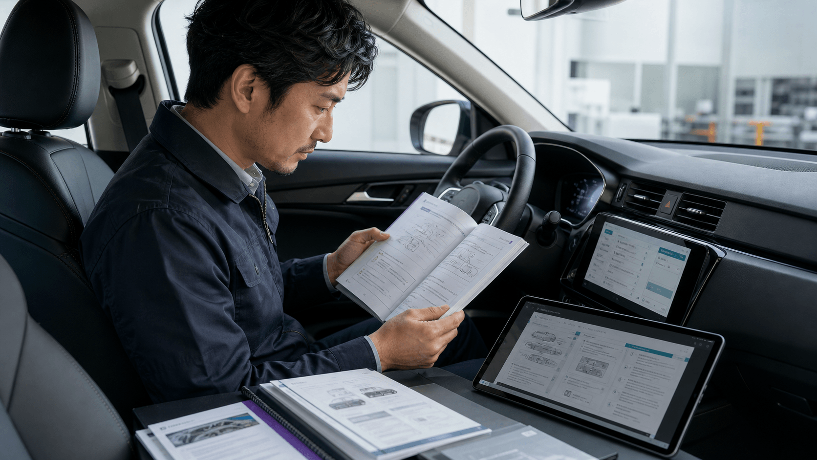 Driver reading a printed owner manual in the vehicle